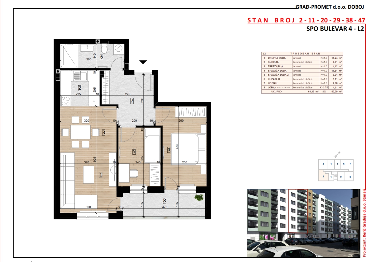 Trosoban stan 2 · 60,09 m² · Lamela 2 — Tlocrt