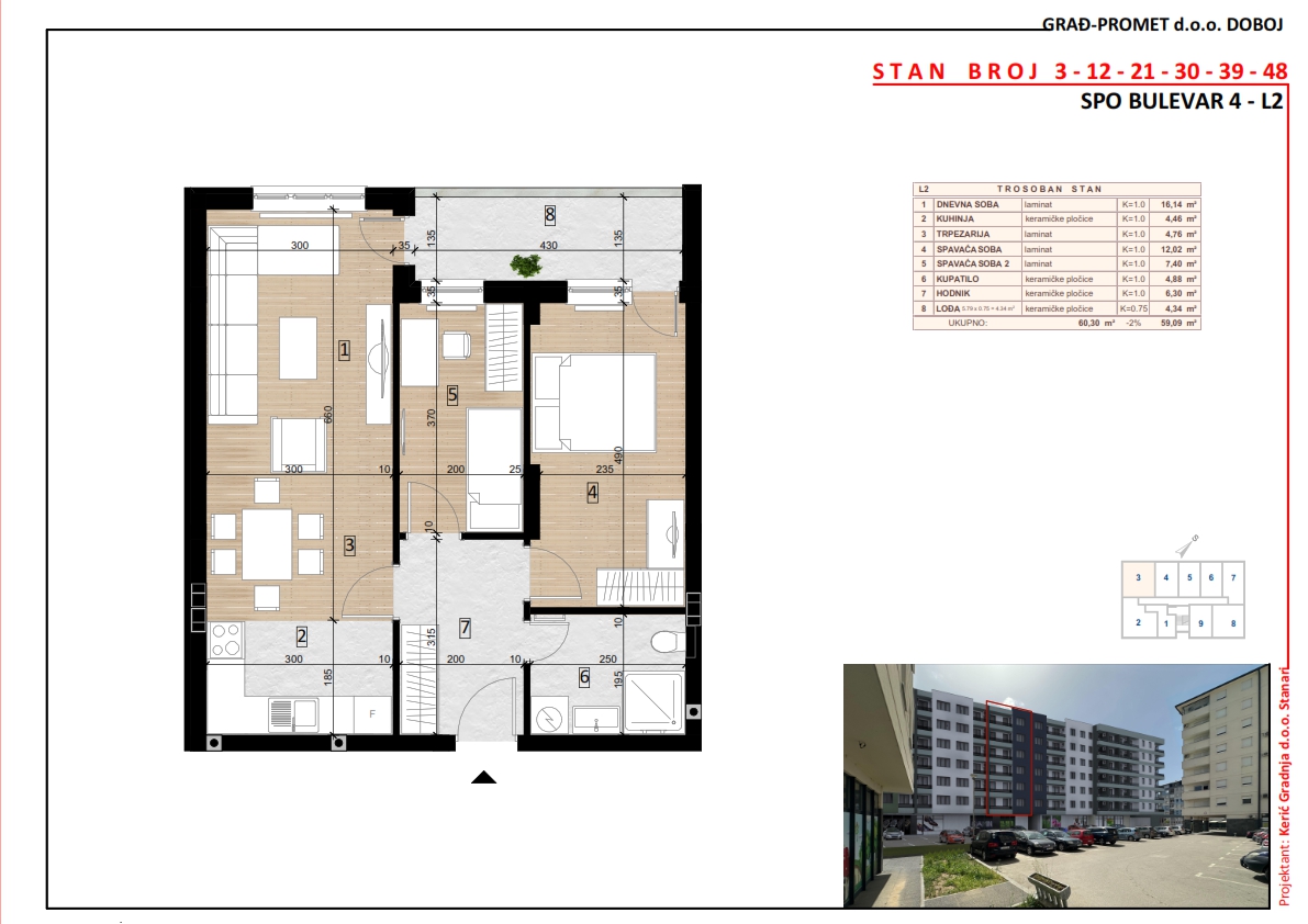 Trosoban stan 48 · 59,09 m² · Lamela 2 — Tlocrt