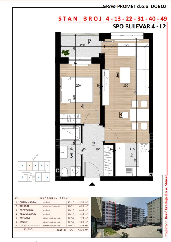 Dvosoban stan 4 · 42,34 m² · Lamela 2 — Tlocrt