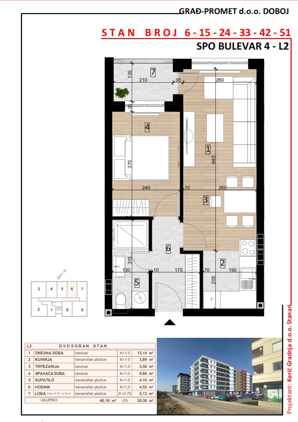 Dvosoban stan 33 · 39,36 m² · Lamela 2 — Tlocrt