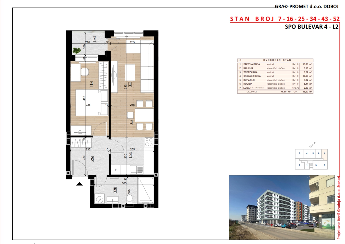 Dvosoban stan 7 · 45,62 m² · Lamela 2 — Tlocrt