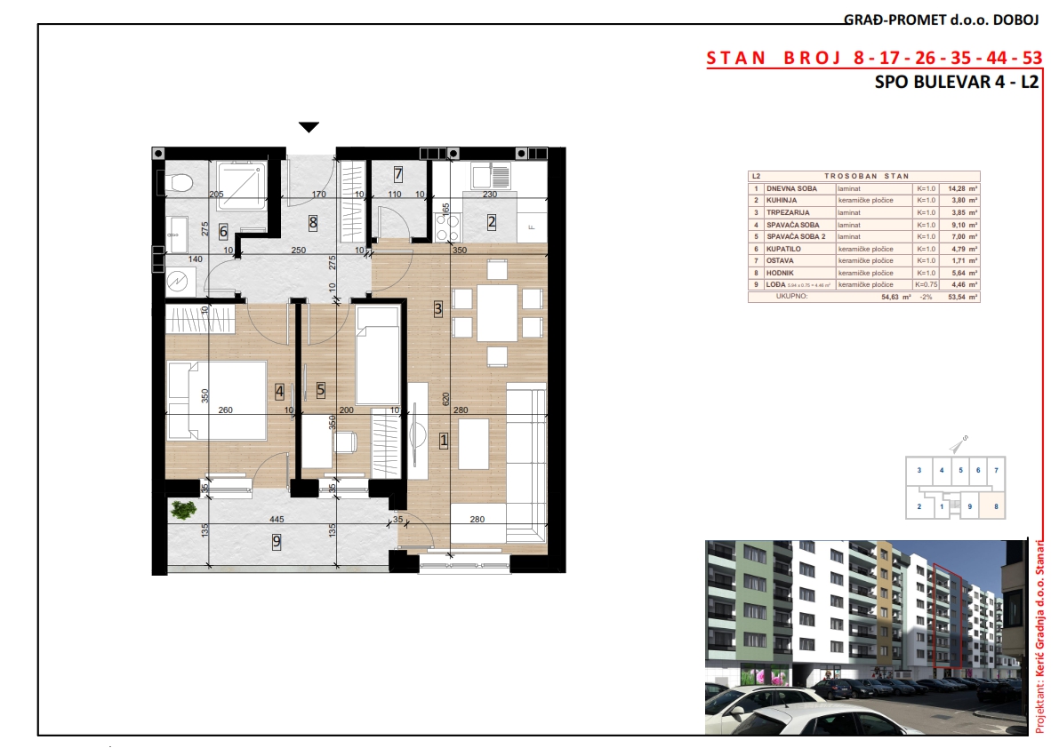 Trosoban stan 8 · 53,54 m² · Lamela 2 — Tlocrt
