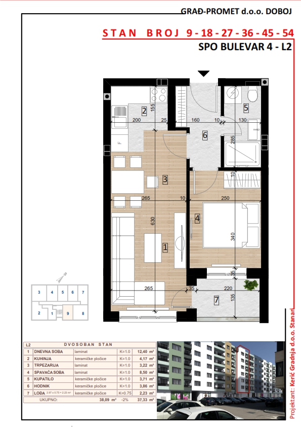 Dvosoban stan 36 · 37,33 m² · Lamela 2 — Tlocrt